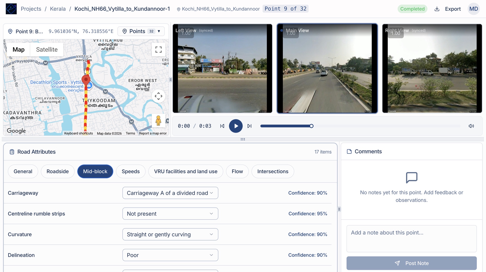 RoadAssess audit view: the surveyed route on a map, synced left, main and right camera views, and AI-scored road attributes with a confidence level for each