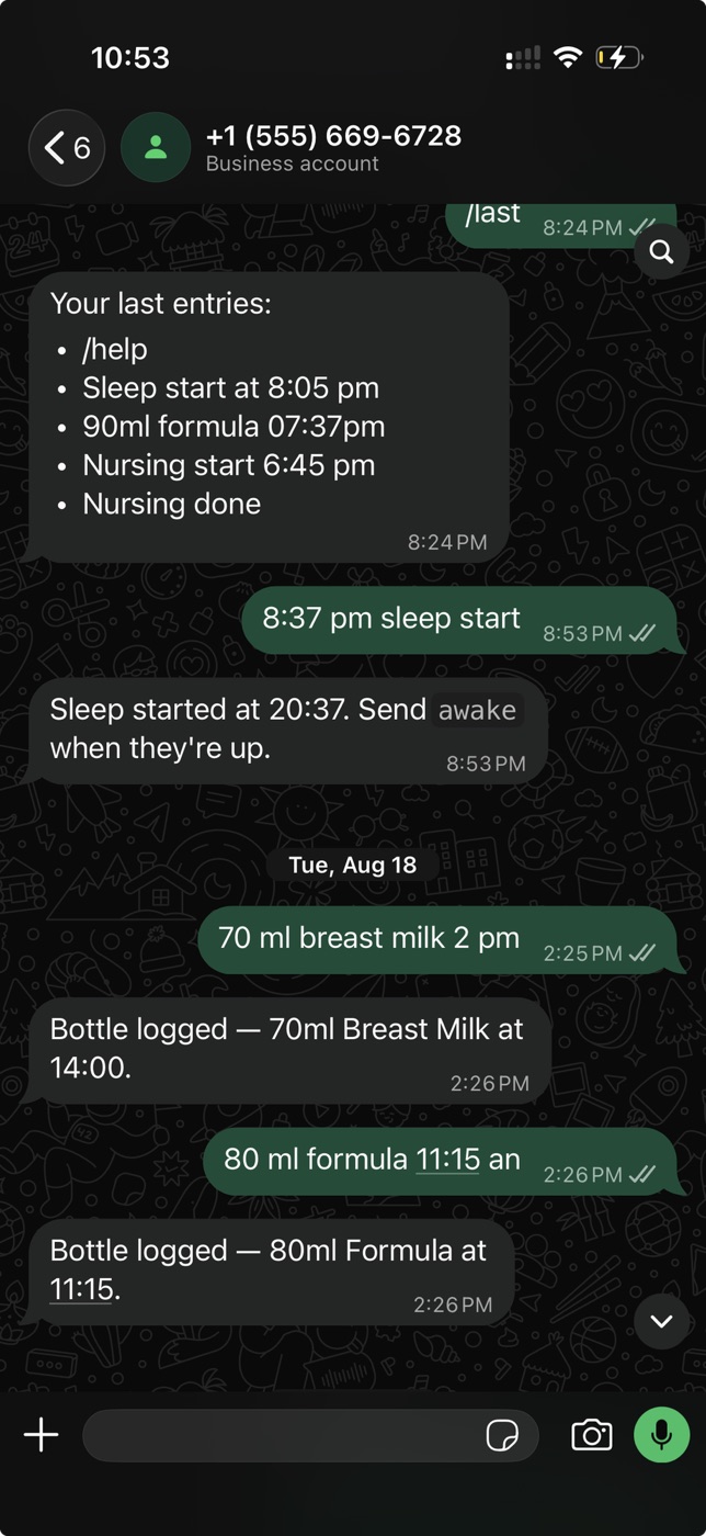 The WhatsApp agent logging bottle feeds and sleep from free-text messages sent by the family